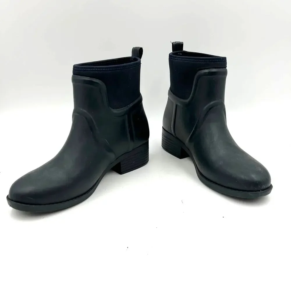 Tory Burch Rubber April Rain Boots Navy Blue Pull On Ankle Booties Waterproof